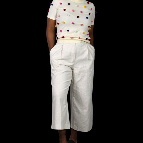 Zara Wide Leg Crop Pants Beige Linen Trouser Pleat Front High Waist Cotton Small - Picture 1 of 14